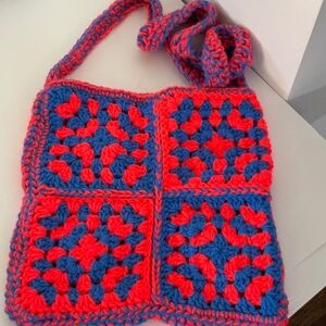Handmade blue & orange over the shoulder crochet bag